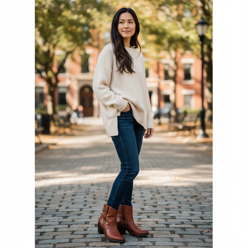 Frye Leslie Zip Cognac Genuine Leather Fall/Winter/Spring Heeled Ankle Booties - Picture 4 of 14